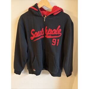 Vintage South Pole Hoodie Mens XL Black Red Zip Sherpa Pullover Logo 91